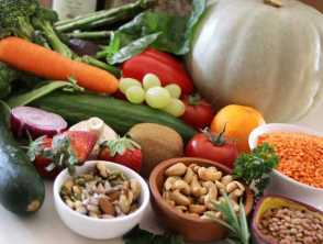 Varied vegetables, fruits, nuts, and legumes